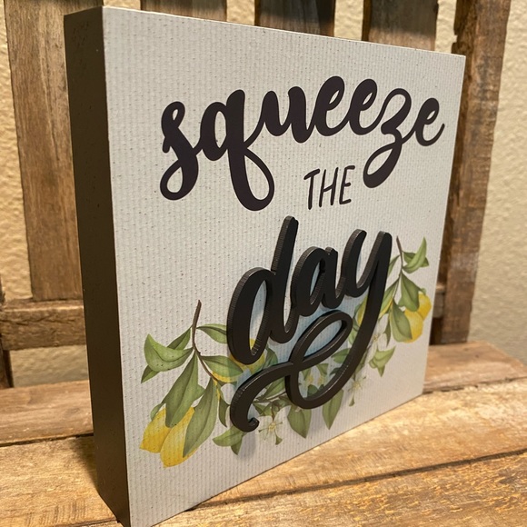 Squeeze The Day Lemon Block Wood Sign For Tier Trays, Tabletop or Shelf, Lemon - Picture 8 of 12